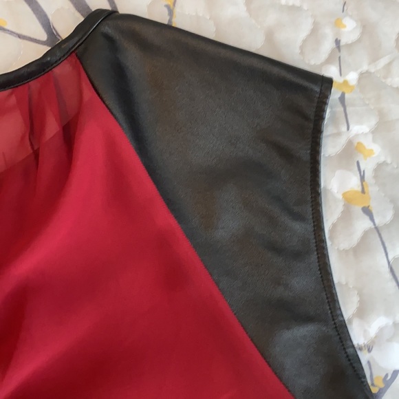 Sheer Garnet color shirt with faux leather sleeves. Size S - Picture 3 of 4